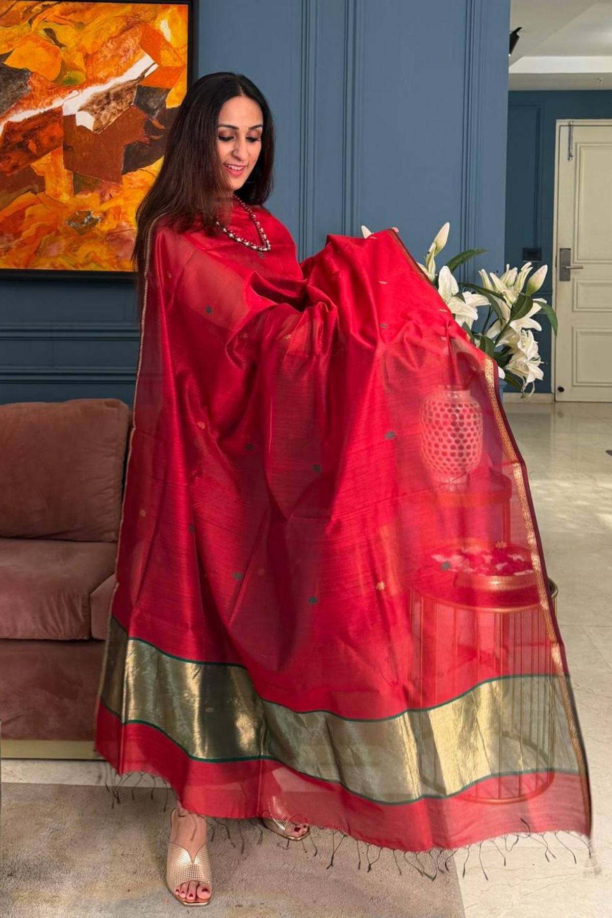 Maheshwari handloom silk by cotton kurta dupatta set